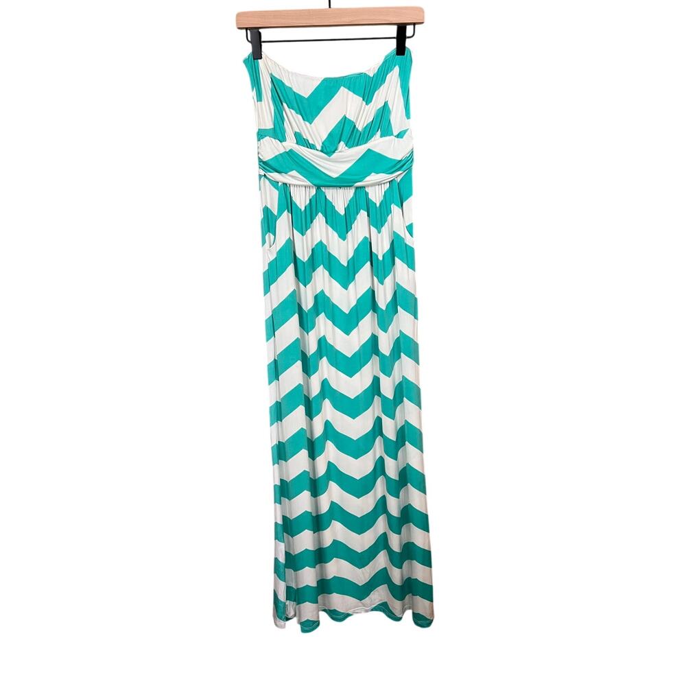 Pinkblush Maternity Teal and White Chevron Maxi Dress Pockets Size Large
